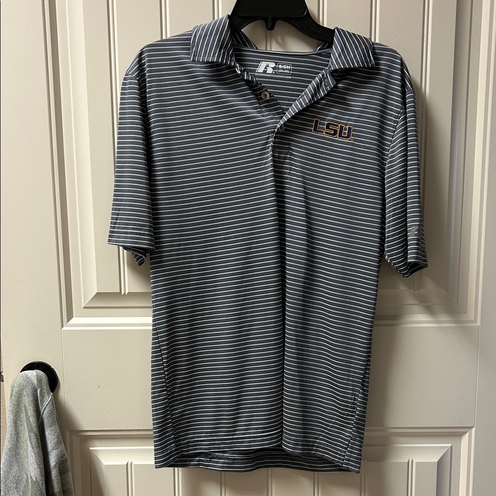 Russell Athletic Gray and White Striped Polo LSU